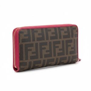 Fendi Zucca Zip Around Wallet Brown Pink Trim Canvas Leather Authentic